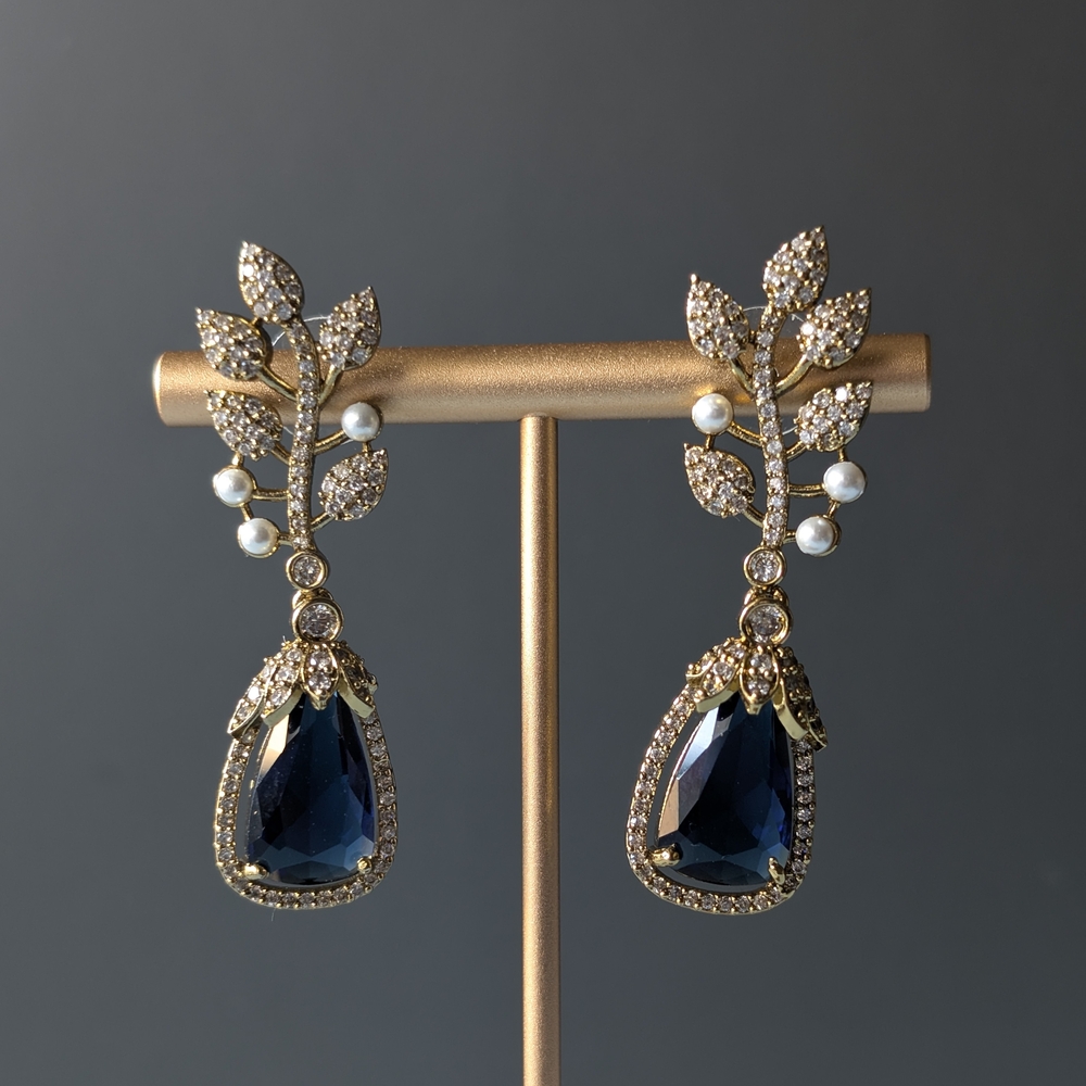 Gold Leaf Drop Earrings with Blue Teardrop and Pearls